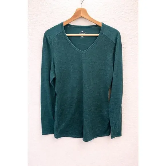 Segments Merino Wool V Neck Long Sleeve Base Layer Top Women L Teal Green Hiking - Picture 2 of 10